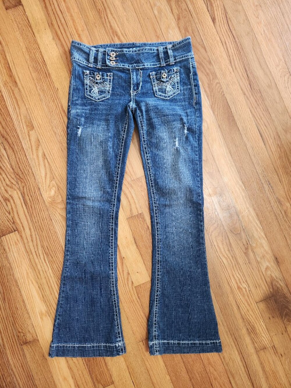 Vintage Hydraulic Y2K Flare Jeans with Flap Pockets - Dark Wash Denim Stretch